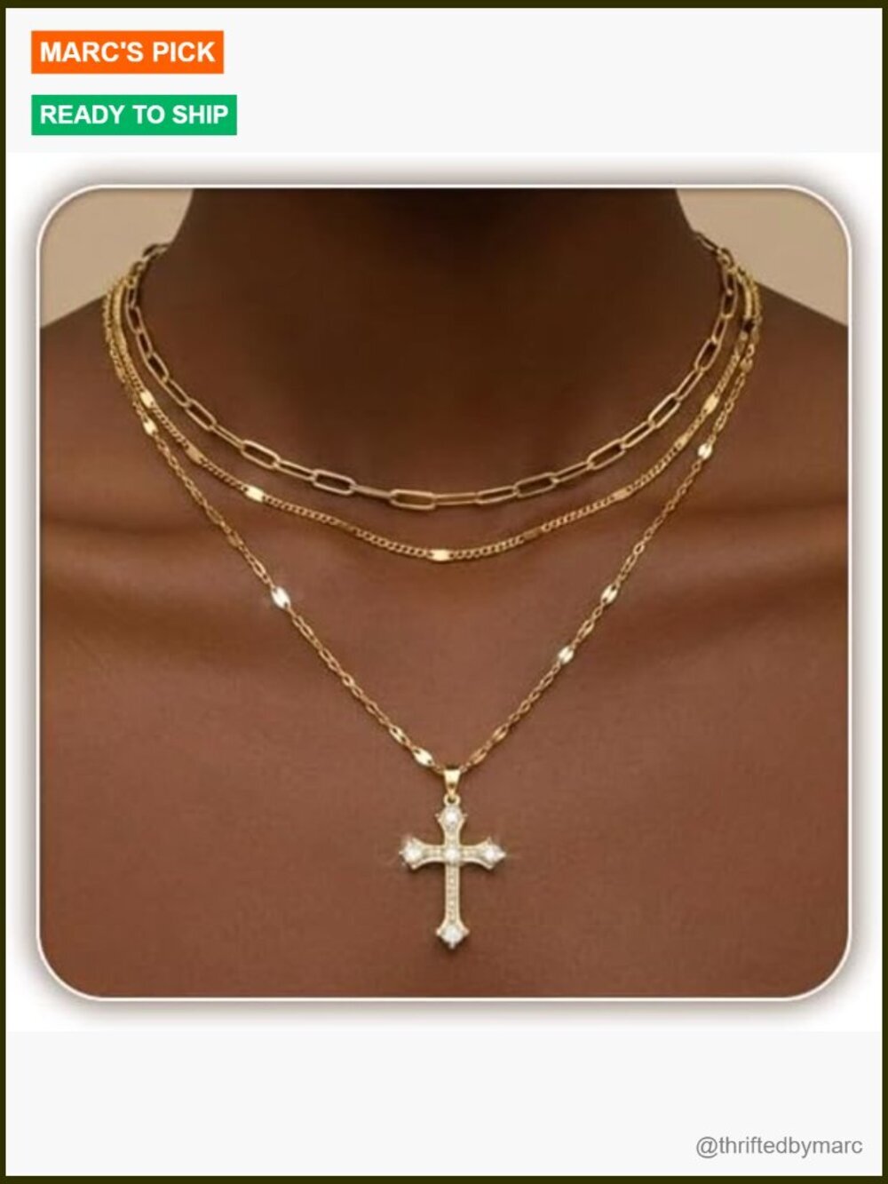 3-Layer Paperclip Snake Chain Necklace Set with Cross Pendant